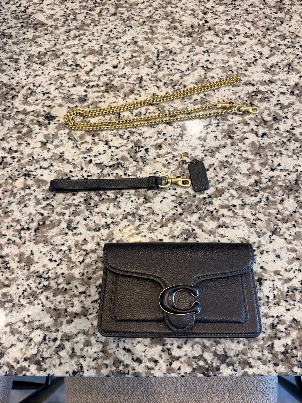 Black Leather Crossbody Wallet with Gold Chain